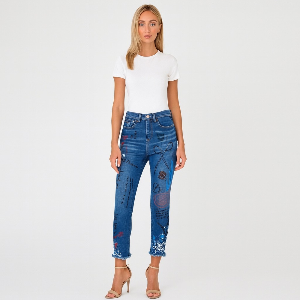 ZARA WOMAN DENIM PREMIUM COLLECTION Graffiti Size 2 RARE Blue Jeans‎ 9863/265